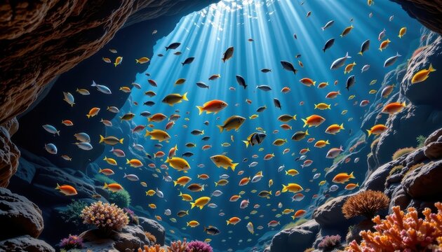 A colorful array of tropical fish swimming around an underwater cavern, illuminated by shafts of light piercing through the surface.