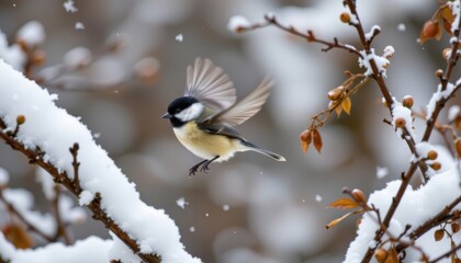 Obraz premium An energetic chickadee flitting between snow covered branches, its feathers fluffed up against the chill.