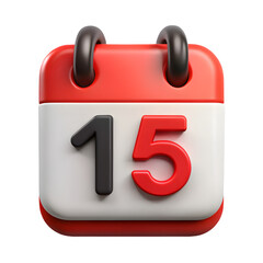 Calendar icon, 3D rendering, red and white design, number 15, isolated on transparent background