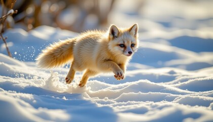 Fototapeta premium A small Arctic fox leaping through the snow, its water droplets catching the sunlight as it plays in its natural habitat.