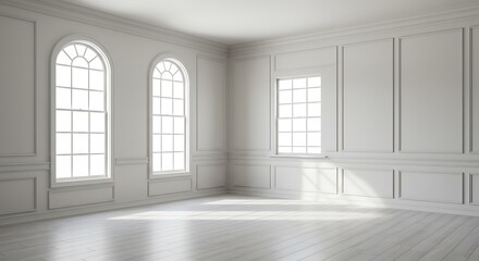 Bright light fills an empty white room, minimalist architecture and large windows