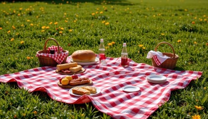 A festive picnic scene with a red and white checkered blanket spread on a grassy field, surrounded by picnic baskets and food.