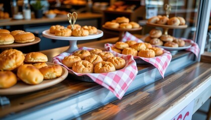 An inviting bakery display with pastries and breads presented on checkered cloths, emphasizing homemade charm.