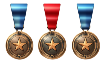 Set of three military medals with red and blue ribbons, bronze stars isolated on a transparent background