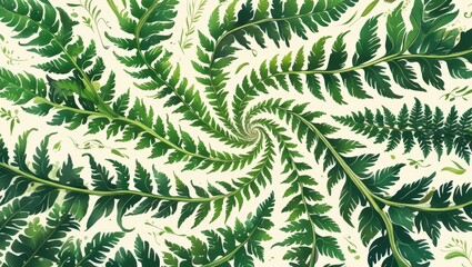 Lush Green Fern Fronds Swirling Spiral Pattern Botanical Nature Background