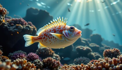 Obraz premium A graceful pufferfish gliding through a coral garden, with its spines illuminated by shafts of light penetrating the water.