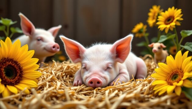 An adorable piglet napping in a patch of soft straw, surrounded by playful farm animals and blooming sunflowers.