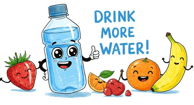 Cheerful hydration reminder with cute cartoon fruits and water bottle illustration