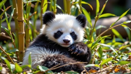 A sweet panda cub lounging among bamboo shoots, with a serene expression as it enjoys the gentle warmth of the sun.