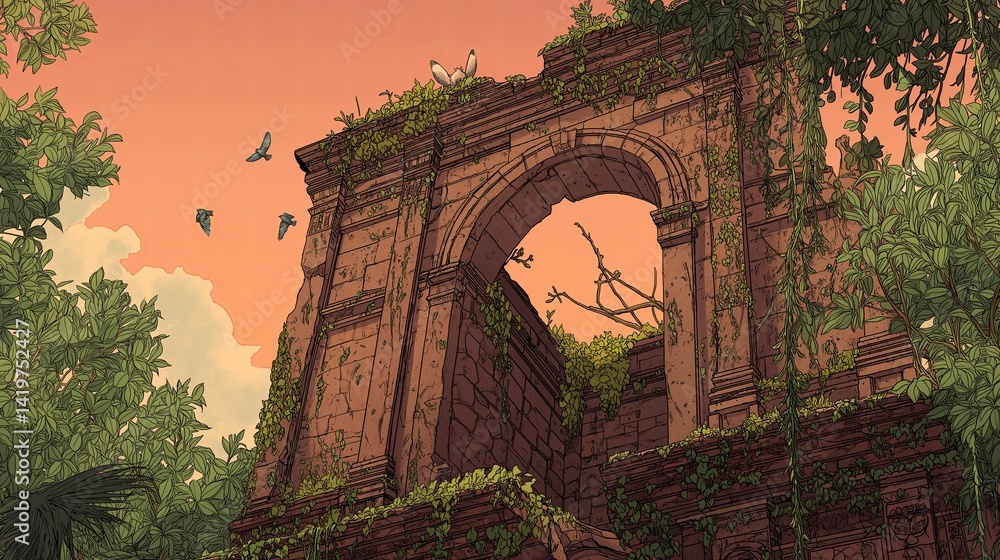 Poster birds nesting in an ancient temple ruin surrounded by vines