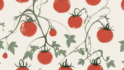 Seamless Pattern Design Vibrant Red Tomatoes on Vine Botanical Illustration Food Background