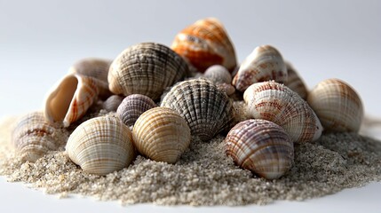 Assorted seashells nestled in a mound of fine sand.