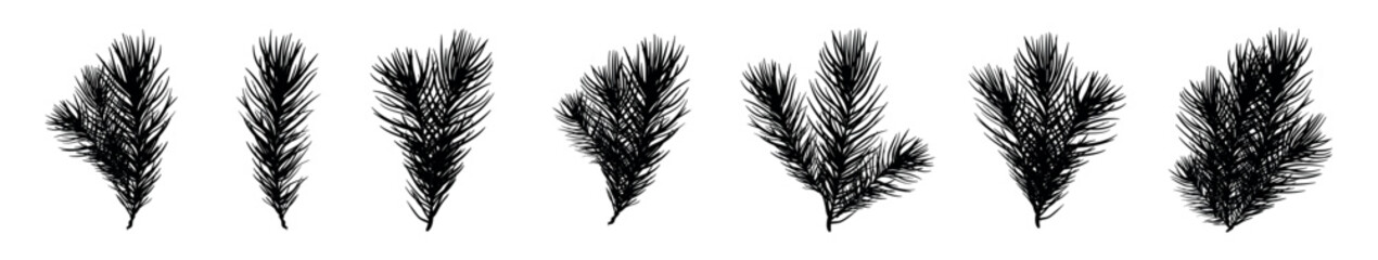 Obraz premium Silhouette illustrations of fir branches and leaves, Christmas tree vector branches, fir and pine cones, evergreen set, holiday decoration, black winter symbols isolated on white background.