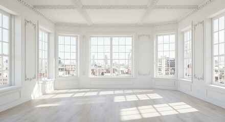 Obraz premium Sunlit interior space with classic molding and expansive city views from windows