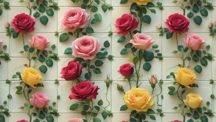 Elegant Wall Decor Vibrant Roses on Tile Background Floral Pattern Botanical Art