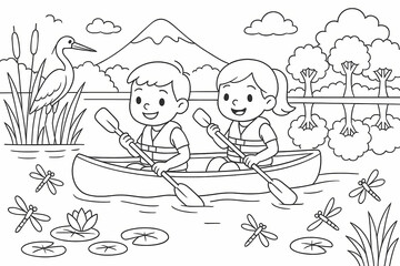 Kids Kayaking in Nature with Dragonflies and Heron