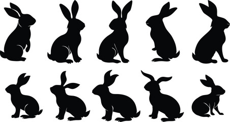 Black silhouettes, rabbit outlines, multiple bunnies, side view, repetitive pattern, Easter theme, rabbit poses, minimalist design, wildlife illustration, monochrome artwork, vector graphics, animal s