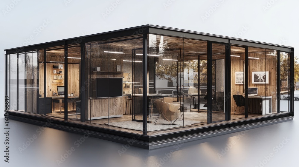 Poster hybrid workspace with both open desks and enclosed glass rooms, blending collaborative and focused e