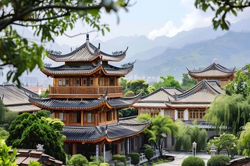 Naklejka premium Traditional Asian Temple Building with Wooden Details and Mountain View Under Clear Blue Sky
