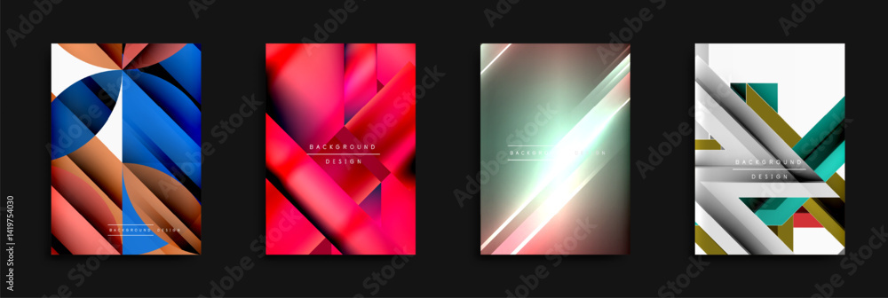 Poster abstract geometric designs. bright colors, gradients, overlapping shapes create modern backgrounds. 