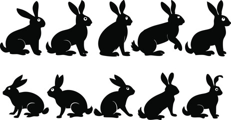 Black silhouettes, rabbit outlines, multiple bunnies, side view, repetitive pattern, Easter theme, rabbit poses, minimalist design, wildlife illustration, monochrome artwork, vector graphics, animal s