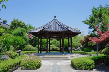 Traditional Wooden Pavilion Amidst Lush Green Garden Landscape Under Clear Blue Sky
