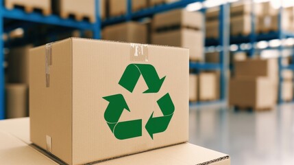 A cardboard box featuring a green recycling symbol, set against a background of stacked boxes in a warehouse.
