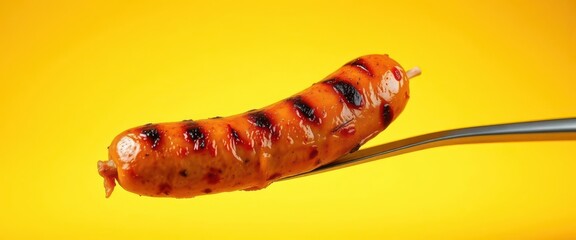 Fototapeta premium Grilled sausage on fork, vibrant yellow background, studio, background