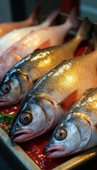 Close-up of glistening Rohu and Katla, showcasing their texture and color at a fish market stall , India, still life photography