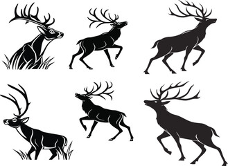 Silhouettes of deer, majestic stags, black and white illustration, antlers, elegant pose, wildlife art, minimalist design, vector graphics, woodland creatures, negative space, stylized animal shapes, 