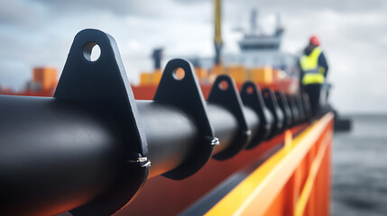 Offshore engineer overseeing the installation of rig safety barriers. Featuring safety measures and system installation