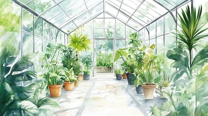 Watercolor painting of a greenhouse with many plants