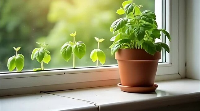Time-lapse of basil growing in a kitchen windowsill pot