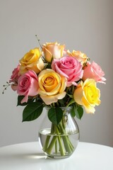 Obraz premium Pink and yellow roses in a glass vase Elegant floral arrangement , stems, wedding, botanical