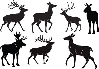 Silhouettes of deer, majestic stags, black and white illustration, antlers, elegant pose, wildlife art, minimalist design, vector graphics, woodland creatures, negative space, stylized animal shapes, 