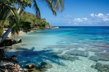 Tranquil Coastal Scene Of Turquoise Waters And Lush Green Vegetation Under A Clear Sunny Sky