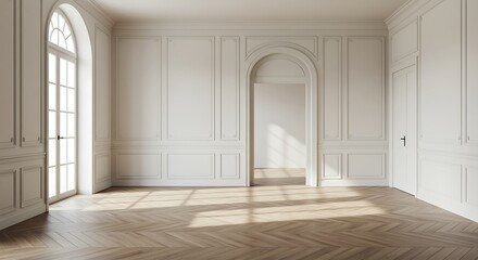 Sunlit Parisian apartment interior with parquet flooring and detailed wall paneling