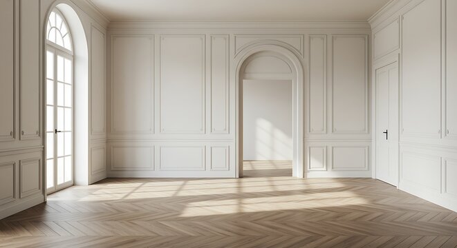 Sunlit Parisian apartment interior with parquet flooring and detailed wall paneling