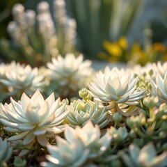 Fototapeta premium Soft-focus image of a serene white succulent garden bathed in gentle, diffused light, organic, wellness, subtle