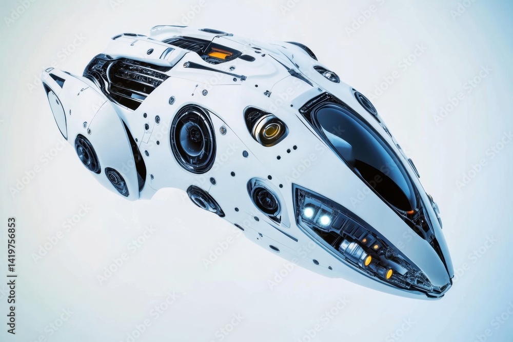 Poster futuristic spacecraft design with advanced technology and sleek aesthetics in a minimal space