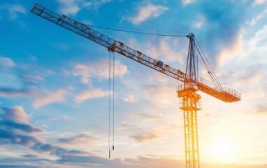 Majestic Construction Crane Against a Dramatic Sunset Sky: A Symbol of Progress and Modern Engineering