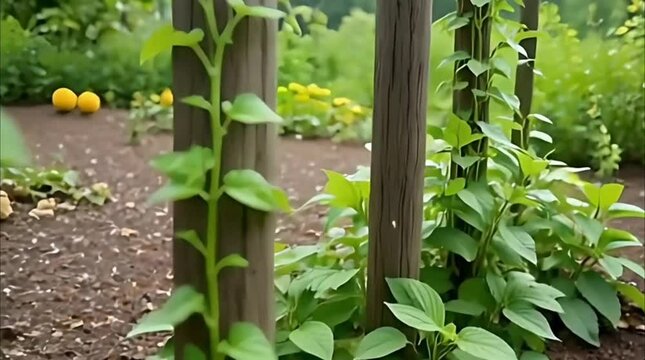 Time-lapse of bean plants racing up poles in a garden