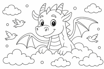 Cute Cartoon Dragon with Birds in the Clouds Coloring Page