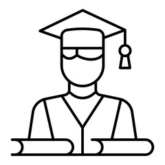 Student with books thin line icon, education concept. Vector graphics. Gradueted man sign on white background, linear style mobile or design.