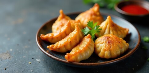 Crispy fried gyoza arranged on a plate, concrete setting, appetizer, food photography