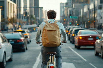 Naklejka premium Man cycling to work with backpack, busy morning traffic, motion capture, perspective from behind, warm color tones 