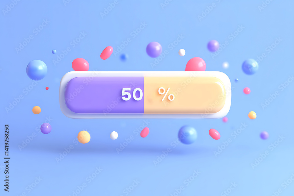 Fototapete a modern 3d rendering of a loading progress bar at 50%, set against a clean pastel backdrop, perfect