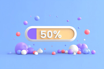 a 3d rendering eye-catching illustration depicting a 50% progress bar, floating amidst a vibrant cluster of bubbles and spheres, on a pastel blue backdrop. A modern.