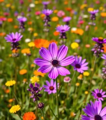 Fototapeta premium Vibrant purple flower blooms in a field of wildflowers, botany, plant