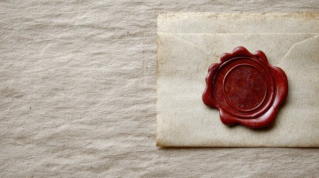 Close-up of sealed vintage letter with red wax seal on textured beige paper background for classic correspondence or antique document concept